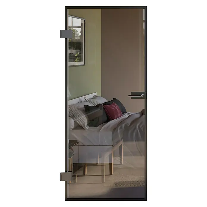 Room Plaza Slimwork Drehtür-Komplettset - 709 x 2.097 mm, DIN Anschlag: Links, Klarglas - Glastür mit dunklem Rahmen, die den Blick in ein modernes Schlafzimmer freigibt.