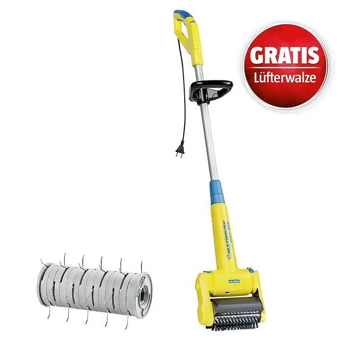 Gloria Bodenreinigungsbürste Set MultiBrush speedcontrol inkl. Rasen-Lüfter - 500 W, 450 U/min - 1.600 U/min - Gelb-blaue Elektromultibürste und eine gratis Stachel-Lüfterwalze.