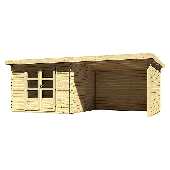 Karibu Gartenhaus Bastrup 5 - Außenmaß inkl. Dachüberstand (B x T): 614 x 333 cm, Holz, Natur, Mit Seitendach, Rück- und Seitenwand - Das Bild zeigt ein helles Holzgartenhaus mit Doppeltür und einem seitlichen, offenen Anbau für zusätzlichen Stauraum im Freien.