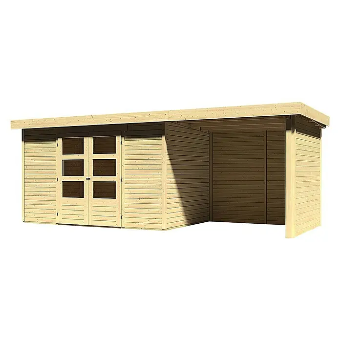 Karibu Gartenhaus Askola - Außenmaß inkl. Dachüberstand (B x T): 554 x 238 cm, Holz, Natur, Mit Anbau, Rück- und Seitenwand - Ein geräumiges, helles Holzgartenhaus mit Doppeltür und einem offenen Anbau auf der rechten Seite.