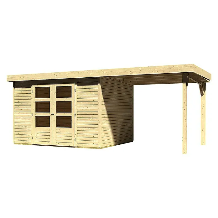 Karibu Gartenhaus Askola - Außenmaß inkl. Dachüberstand (B x T): 554 x 262 cm, Holz, Natur, Mit Anbaudach - Abbildung eines Holzgartenhauses mit Doppeltür und angeschlossenem Carport, ideal für Gartenutensilien und als Unterstand.