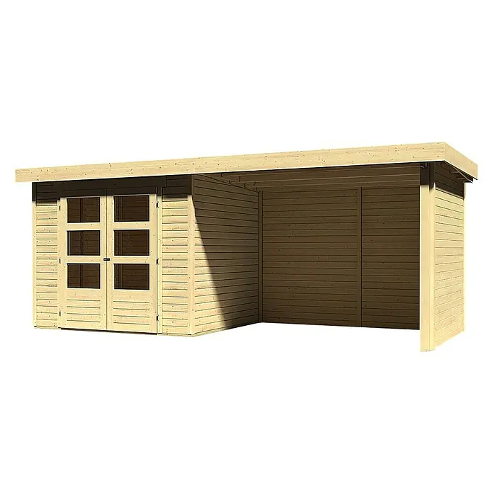 Karibu Gartenhaus Askola - Außenmaß inkl. Dachüberstand (B x T): 528,5 x 238 cm, Holz, Natur, Mit Anbau, Rück- und Seitenwand - Abbildung eines Holzgartenschuppens mit Doppeltüren und einem überdachten Bereich, ideal für die Lagerung im Freien.