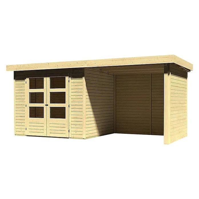 Karibu Gartenhaus Askola - Außenmaß inkl. Dachüberstand (B x T): 491 x 238 cm, Holz, Natur, Mit Anbau, Rück- und Seitenwand - Ein geräumiges Holzgartenhaus mit Doppeltür und einem überdachten Bereich, ideal für Lagerung und Entspannung im Freien.
