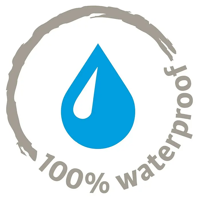 Scheurich Übertopf rund - Außenmaß (Ø x H): 23 x 21 cm, Keramik, Anthrazit - Logo mit blauem Wassertropfen in grauem Pinselstrichkreis, das „100% wasserdicht“ besagt.