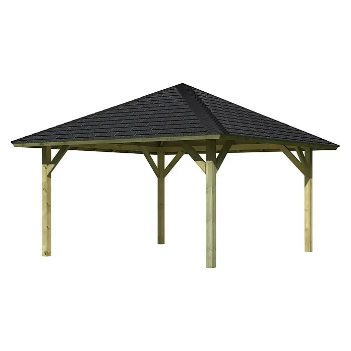 Karibu Pavillon Holm 1 Set - 431 x 431 cm, Schwarz, Natur - Bild eines Gartenpavillons mit sechseckigem Dach und Holzstützen, ideal für den Außenbereich.