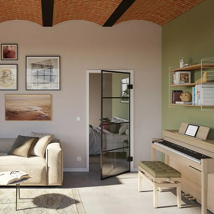 Room Plaza Slimwork Drehtür-Komplettset Typ 9 - 834 x 1.972 mm, DIN Anschlag: Rechts, Klarglas - Schwarze Pivot-Glastür trennt Wohn- und Schlafbereich. Modernes Design mit industriellem Flair.