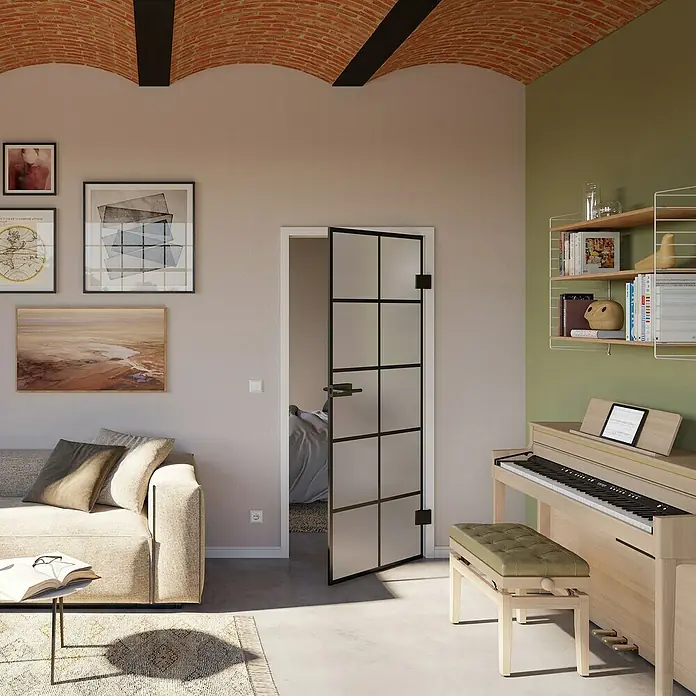 Room Plaza Slimwork Drehtür-Komplettset Typ 8 - 834 x 1.972 mm, DIN Anschlag: Rechts, Satiniertes Glas - Modernes Wohnzimmer mit Ziegelgewölbedecke, hellem Sofa und hellem Holzklavier mit grüner Bank.