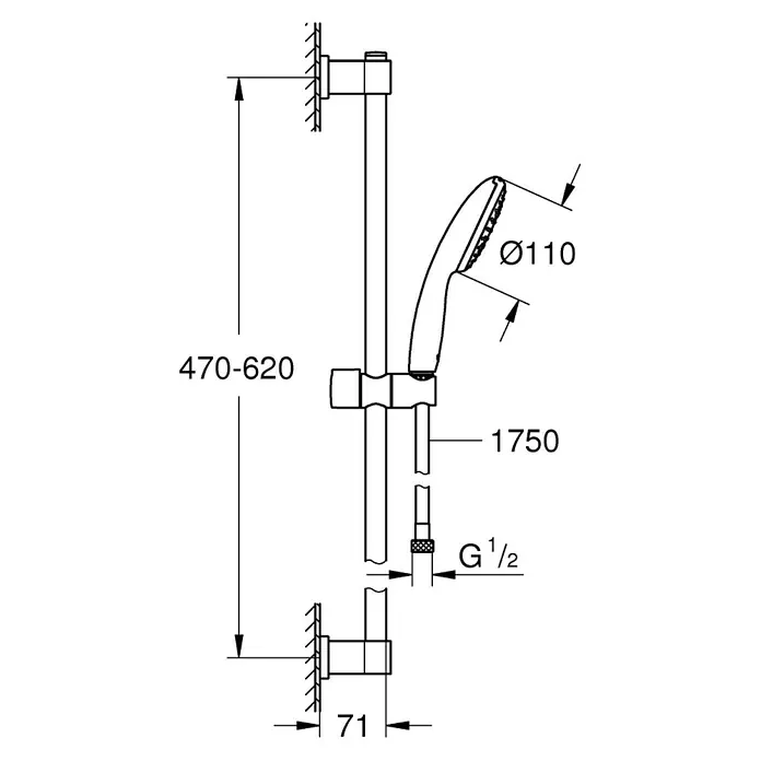 Grohe Vitalio Start Brausegarnitur 110 1 - Lochabstand: 47 cm - 62 cm, Chrom, Kunststoff - Verstellbares Brausestangensystem mit Handbrause und Schlauch, zeigt Maße und G 1/2 Anschluss.