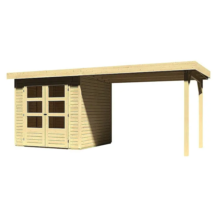 Karibu Gartenhaus Askola - Außenmaß inkl. Dachüberstand (B x T): 504,5 x 238 cm, Holz, Natur, Mit Anbaudach - Bild eines Holzgartenhauses mit seitlichem Unterstand, ideal für den Außenbereich.