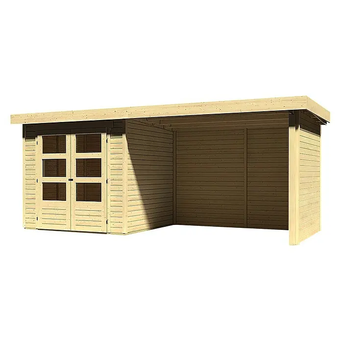 Karibu Gartenhaus Askola - Außenmaß inkl. Dachüberstand (B x T): 504,5 x 238 cm, Holz, Natur, Mit Anbau, Rück- und Seitenwand - Bild eines Holzgartenhauses mit Doppeltüren und überdachtem Bereich. Ideal für Gartenlagerung und Entspannung im Freien.