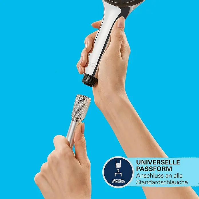 Grohe Vitalio Start Duschsystem 250 - Höhe: 101,6 cm, Anzahl Strahlarten: 2 Stk., Schwarz - Darstellung des Anschlusses einer Handbrause an einen Standardschlauch mit universeller Passform.