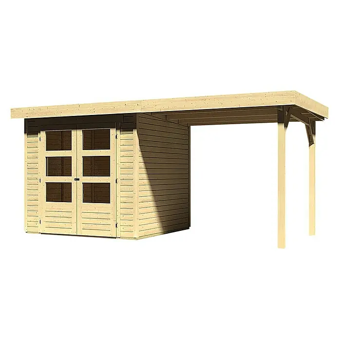 Karibu Gartenhaus Askola - Außenmaß inkl. Dachüberstand (B x T): 467 x 238 cm, Holz, Natur, Mit Anbaudach - Abbildung eines Holzschuppens mit Vordach, ideal für die Gartenaufbewahrung und als Unterstand für Geräte und Materialien.