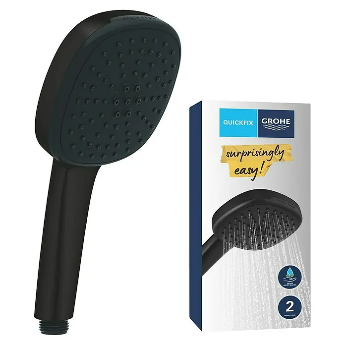 Grohe Vitalio Comfort Handbrause 110 - Anzahl Funktionen: 2 Stk., Schwarz - Abgebildet ist ein schwarzer Grohe Quickfix Duschkopf mit der Aufschrift "Überraschend einfach!", der für ein müheloses Duscherlebnis steht.