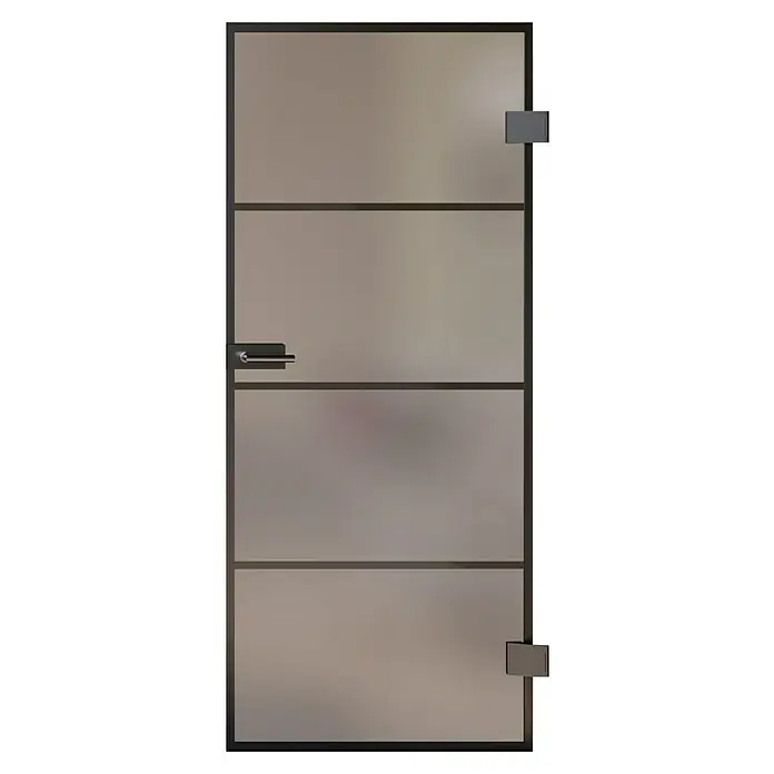 Room Plaza Slimwork Drehtür-Komplettset Typ 9 - 959 x 1.972 mm, DIN Anschlag: Rechts, Satiniertes Glas - Moderne Tür mit mehreren Milchglasplatten, dunklem Rahmen und Hebelgriff.