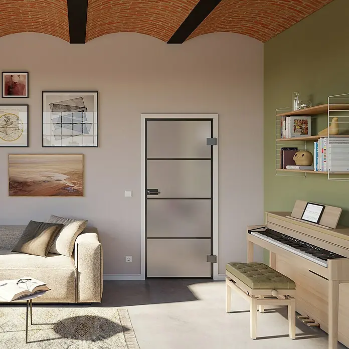 Room Plaza Slimwork Drehtür-Komplettset Typ 9 - 959 x 1.972 mm, DIN Anschlag: Rechts, Satiniertes Glas - Moderne Innentür mit dunklem Rahmen und mehreren satinierten Glaspaneelen in einem hellen Türrahmen eines zeitgenössischen Raumes.
