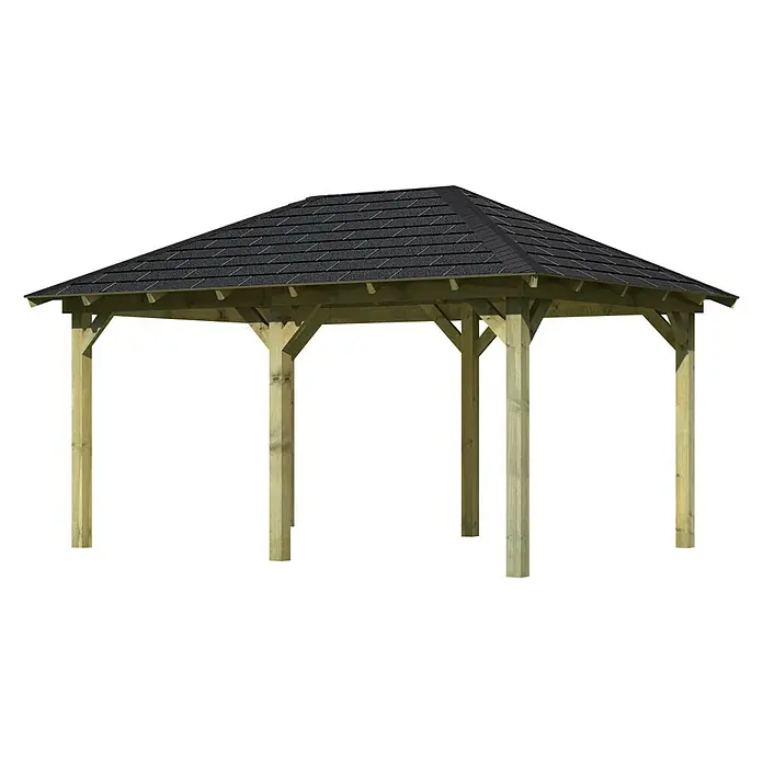 Karibu Pavillon Perida Set - 485 x 345 cm, Schwarz, Natur - Das Bild zeigt einen Pavillon aus Holz mit einem dunklen, schindelgedeckten Dach. Der Pavillon steht frei und hat eine offene Struktur.