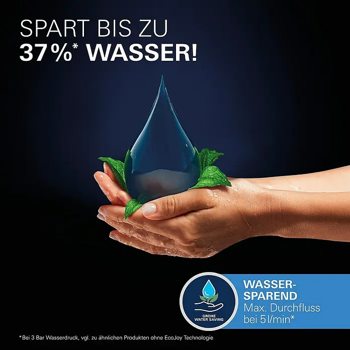 Grohe Essence Waschtischarmatur M-Size - Chrom, Glänzend - Hände halten einen Wassertropfen, der bis zu 37% Wasser spart. Wassersparend, maximaler Durchfluss bei 5l/min.