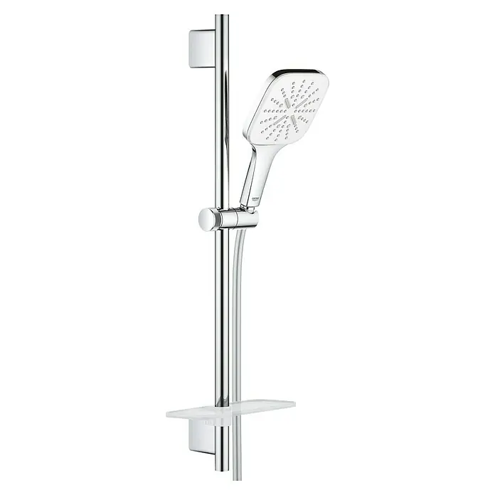 Grohe Brausegarnitur Vitalio SmartActive 130 Cube - Lochabstand: 57 cm - 63 cm, Art Strahl: Rain, Jet, ActiveMassage, Weiß/Chrom - Chromfarbene Brausestange mit weiß-chromfarbenem Handbrausekopf und flexiblem silbernem Schlauch.