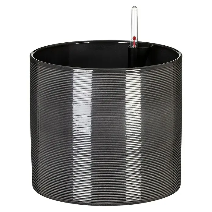 Scheurich Übertopf rund - Außenmaß (Ø x H): 23 x 21 cm, Keramik, Anthrazit - Dunkelgrauer geriffelter Selbstbewässerungs-Pflanzentopf mit Wasserstandsanzeiger.