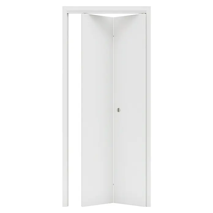 Invado Falttür ND90 - 860 x 1.985 mm, Verkehrsweiß matt, Mittellage: Wabe - Weiße Falttür, teilweise geöffnet, mit kleinem Schlüsselloch.