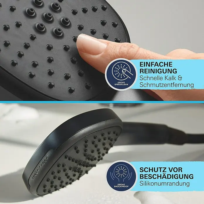 Grohe Vitalio Comfort Handbrause 110 - Anzahl Funktionen: 2 Stk., Schwarz - Bild einer schwarzen Duschbrause mit SpeedClean-Funktion und Silikonumrandung zum Schutz vor Beschädigungen.