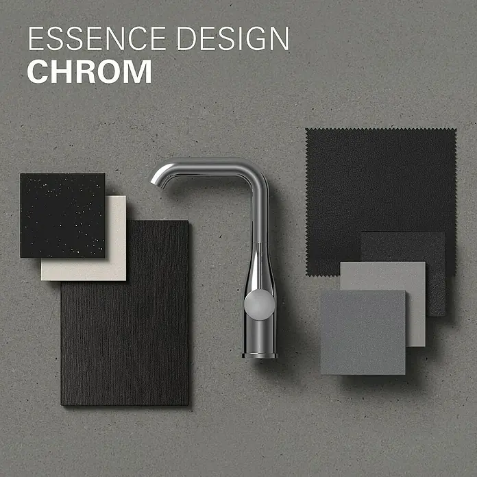 Grohe Essence New Waschtischarmatur S-Size - Hochdruck, Verchromt, Glänzend - Produktbild der Essence Design Chrom Armatur, umgeben von verschiedenen Materialmustern, die das Design hervorheben.