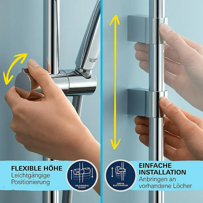 Grohe Vitalio Start Brausegarnitur 110 1 - Lochabstand: 47 cm - 62 cm, Chrom, Kunststoff - Duschstange mit flexibler Höhe und einfacher Installation. Die Brausestange lässt sich leichtgängig positionieren und an vorhandenen Löchern anbringen.