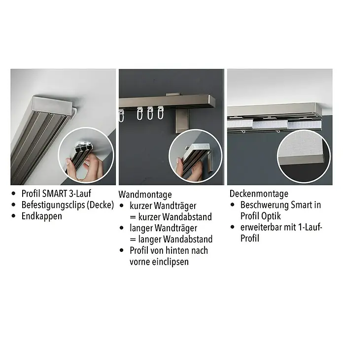 Expo Ambiente Gardinenprofil Smart Set - Anzahl Läufe: 3 Stk., Silber, 260 cm - Produktabbildung mit Profil SMART 3-Lauf, Befestigungsclips und Endkappen, Wand- und Deckenmontagevarianten.