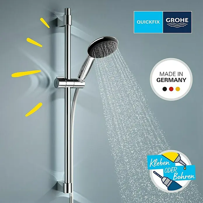 Grohe Vitalio Start Brausegarnitur 110 1 - Lochabstand: 47 cm - 62 cm, Chrom, Kunststoff - Verchromte Grohe Duschstange mit Handbrause, die Wasser sprüht. Quickfix-Montage zum Kleben oder Bohren.
