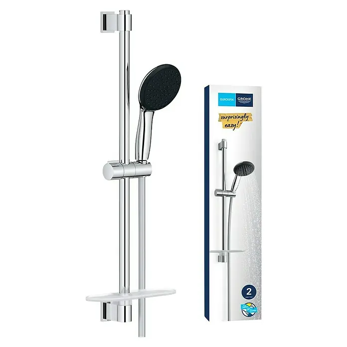 Grohe QuickFix Vitalio Start Brause-Set 110 2 - Chrom, Metall, Anzahl Strahlarten: 2 Stk. - Nahaufnahme eines Grohe QuickFix Brausesets mit Brausestange und Handbrause, verpackt und bereit zur einfachen Installation.