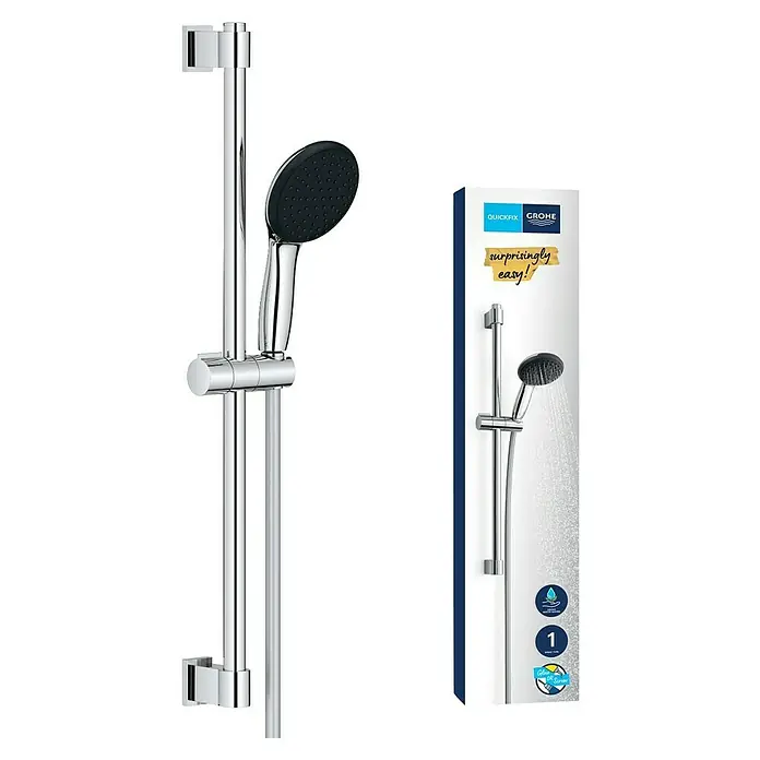 Grohe Vitalio Start Brausegarnitur 110 1 - Lochabstand: 47 cm - 62 cm, Chrom, Kunststoff - Bild einer Grohe QuickFix Duschgarnitur, bestehend aus einer Brausestange und einem Duschkopf. Das Set ist modern und aus Chrom.