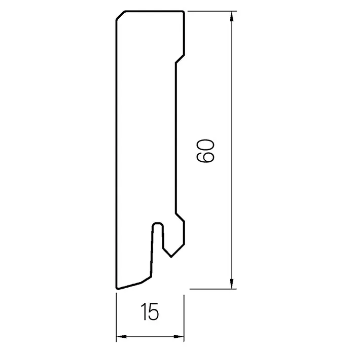 Decolife Sockelleiste - 240 cm x 15 mm x 60 mm, Oak Ash, MDF, 2 Stk. - Schnittzeichnung eines Profils mit spezifischer Verriegelungsform, 60mm hoch und 15mm tief.