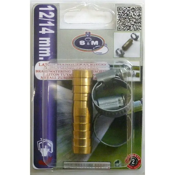 Reparador de manguera - 12/14 mm, Latón - Detalle del embalaje de un conector de manguera de latón S&M con abrazadera para mangueras de 12/14 mm, ideal para sistemas de riego.