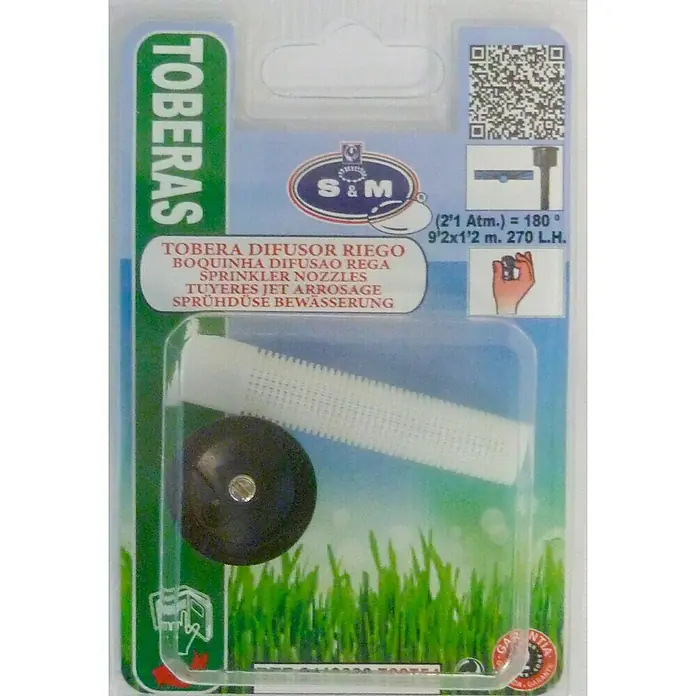 Tobera pulverizadora lateral para difusor 270 l/h - 2 pzs. - Embalaje de una boquilla de difusión TOBERAS para riego, con información detallada sobre presión, alcance y caudal de agua.
