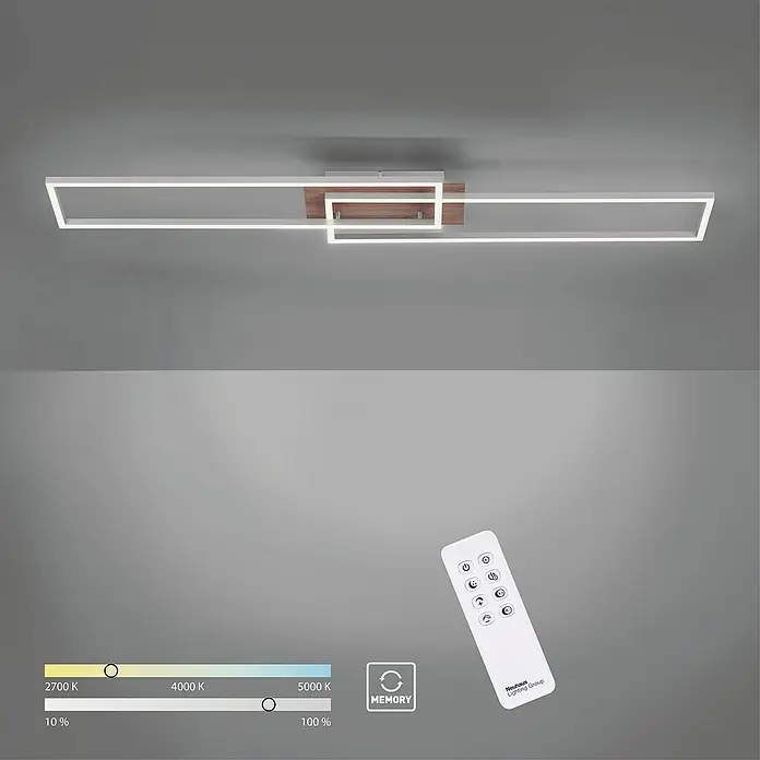 Just Light Plafón LED Iven - 20 W, L x An x Al: 110 x 25 x 7 cm, Marrón, Blanco cálido - Plafón LED moderno con detalles de madera y mando a distancia para ajustar brillo y temperatura de color para iluminación individual.