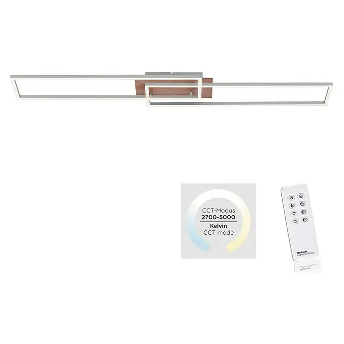 Just Light Plafón LED Iven - 20 W, L x An x Al: 110 x 25 x 7 cm, Marrón, Blanco cálido - Lámpara de techo moderna con detalles de madera y control remoto para ajustar la temperatura de color (2700-5000 Kelvin).