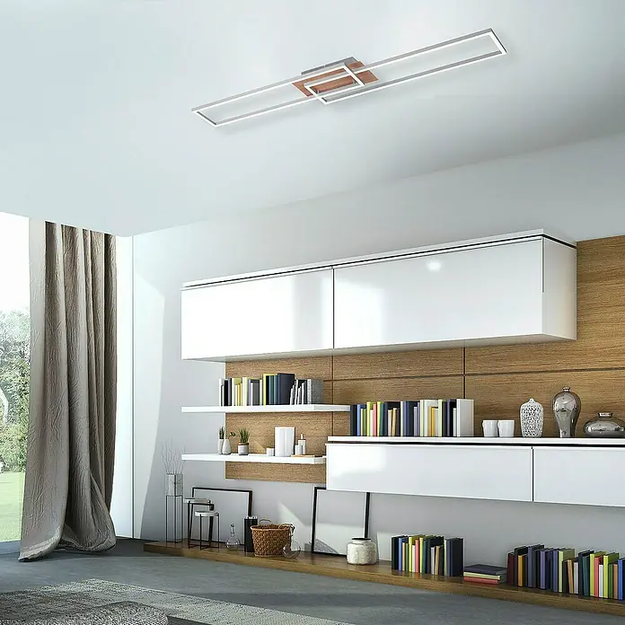 Just Light Plafón LED Iven - 20 W, L x An x Al: 110 x 25 x 7 cm, Marrón, Blanco cálido - Lámpara de techo moderna con diseño rectangular y detalles de madera, aporta elegancia y luminosidad a cualquier estancia. Ideal para espacios elegantes.
