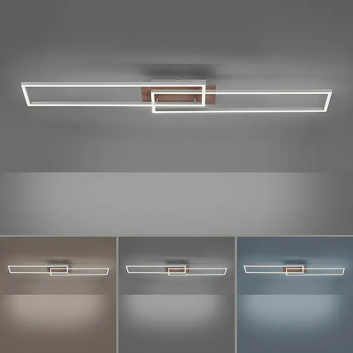 Just Light Plafón LED Iven - 20 W, L x An x Al: 110 x 25 x 7 cm, Marrón, Blanco cálido - Lámpara de techo moderna con marcos LED y detalles de madera, ideal para iluminación elegante.\n