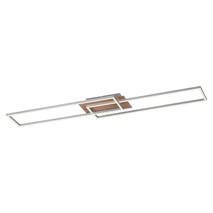 Just Light Plafón LED Iven - 20 W, L x An x Al: 110 x 25 x 7 cm, Marrón, Blanco cálido - Esta imagen muestra un diseño de techo con marcos blancos y elementos de madera, creando un diseño arquitectónico interesante.