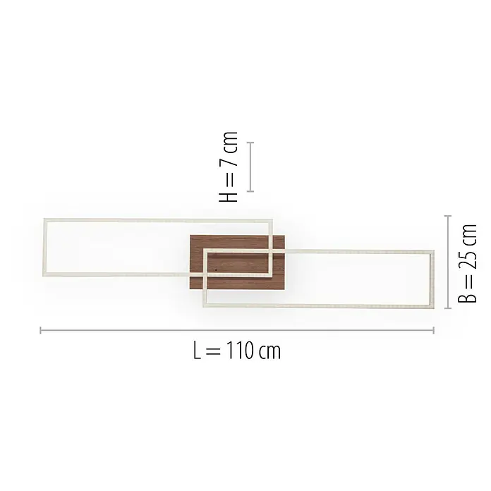 Just Light Plafón LED Iven - 20 W, L x An x Al: 110 x 25 x 7 cm, Marrón, Blanco cálido - Decoración de pared con dos rectángulos plateados y un cuadrado marrón en el centro, dimensiones indicadas.