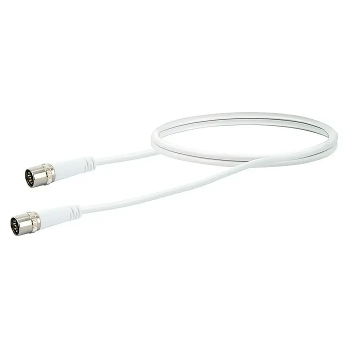 Schwaiger SAT-Anschlusskabel F-Quick-Stecker - Weiß, 1,5 m, 10 dB - Weißes Kabel mit silbernen Mini-DIN-Anschlüssen an beiden Enden.