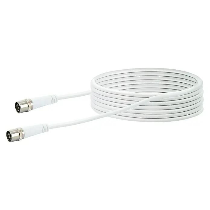 Schwaiger SAT-Anschlusskabel F-Quick-Stecker - Weiß, 7,5 m, 10 dB - Weißes gewickeltes Signalkabel mit zwei 5-poligen DIN-Steckern.