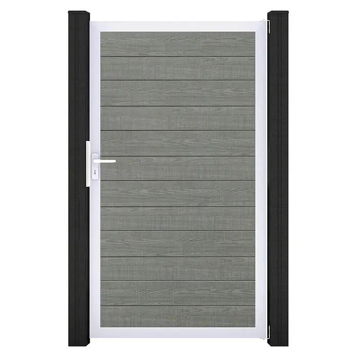 GroJa BasicLine Gartentor Schmal - 100 x 180 cm, Grey Ash Cut (EV1), Kunststoff - Graues Holzeffekt-Tor mit weißem Rahmen, schwarzen Pfosten und weißem Griff.