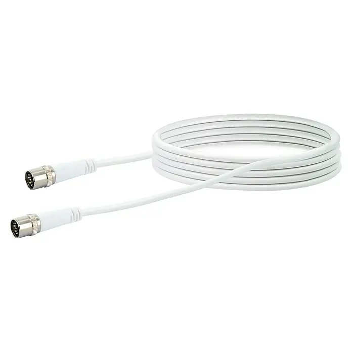 Schwaiger SAT-Anschlusskabel F-Quick-Stecker - Weiß, 5 m, 10 dB - Weißes, aufgerolltes Kabel mit zwei S-Video-Anschlüssen.