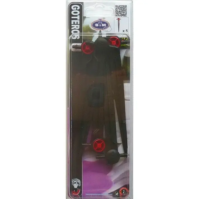 Gotero lineal autocompensado con estaca intermedio - 5 ud., 2 l/h - Un paquete de cinco goteros de riego negros con reguladores rojos, envasados en un embalaje de plástico transparente.