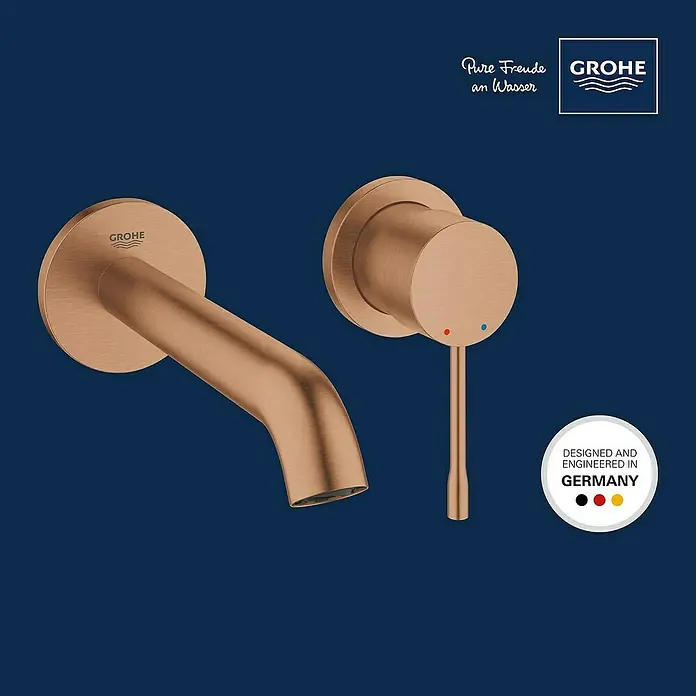 Grohe Essence Waschtischarmatur M - Wandmontage, Warm Sunset, Matt - Elegante GROHE Essence Waschtischarmatur in gebürstetem Kupfer. Hochwertiges Design trifft auf präzise deutsche Ingenieurskunst für Ihr Badezimmer.