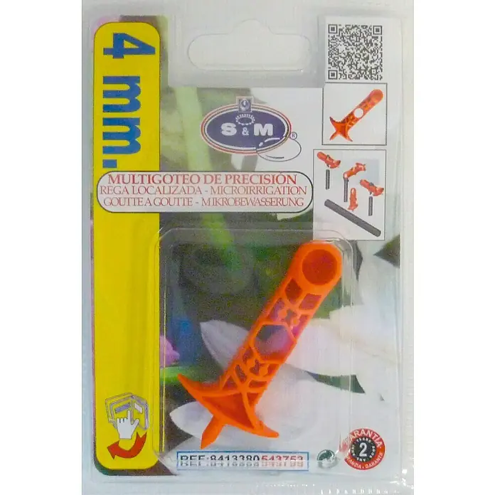 Punzón - Diámetro: 4 mm, Plástico - Primer plano de un producto de riego S&M Multigoteo de Precisión de 4 mm, de color naranja y empaquetado.