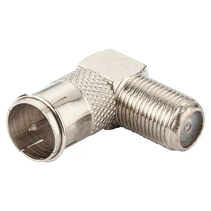 Schwaiger SAT-Adapter Winkel F-Quick- auf F-Buchse - 1 Stk. - Silberner L-förmiger Koaxialkabel F-Stecker Adapter für 90-Grad-Anschlüsse.