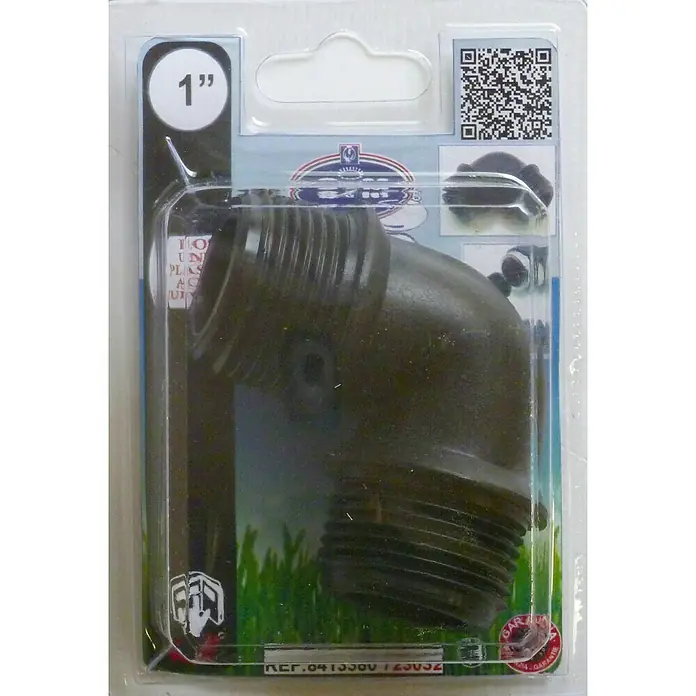 Codo angular Roscas Macho - 1″ - Un codo de plástico de 1" para sistemas de riego, empaquetado para la venta al por menor con información clara de tamaño y fabricante.