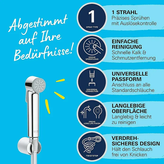 Grohe Brause-Set Vitalio Trigger Spray 30 - Chrom, Glänzend - Bild einer Grohe Bidetbrause mit Produktmerkmalen wie Strahlart, einfache Reinigung und verdrehsicheres Design hervorgehoben.
